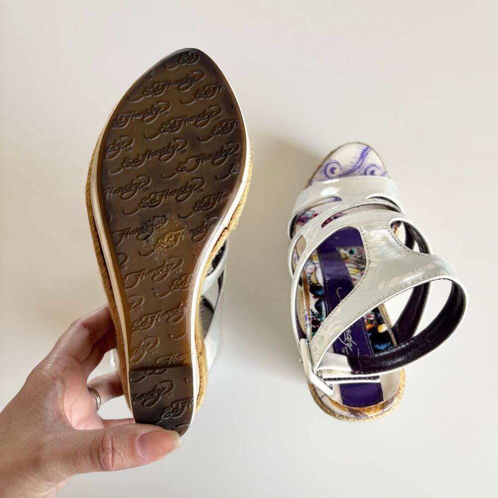 Ed Hardy Y2K La Jolla White Tattoo Print Wedge Cage Sandals Women’s Size 6 - Picture 7 of 9